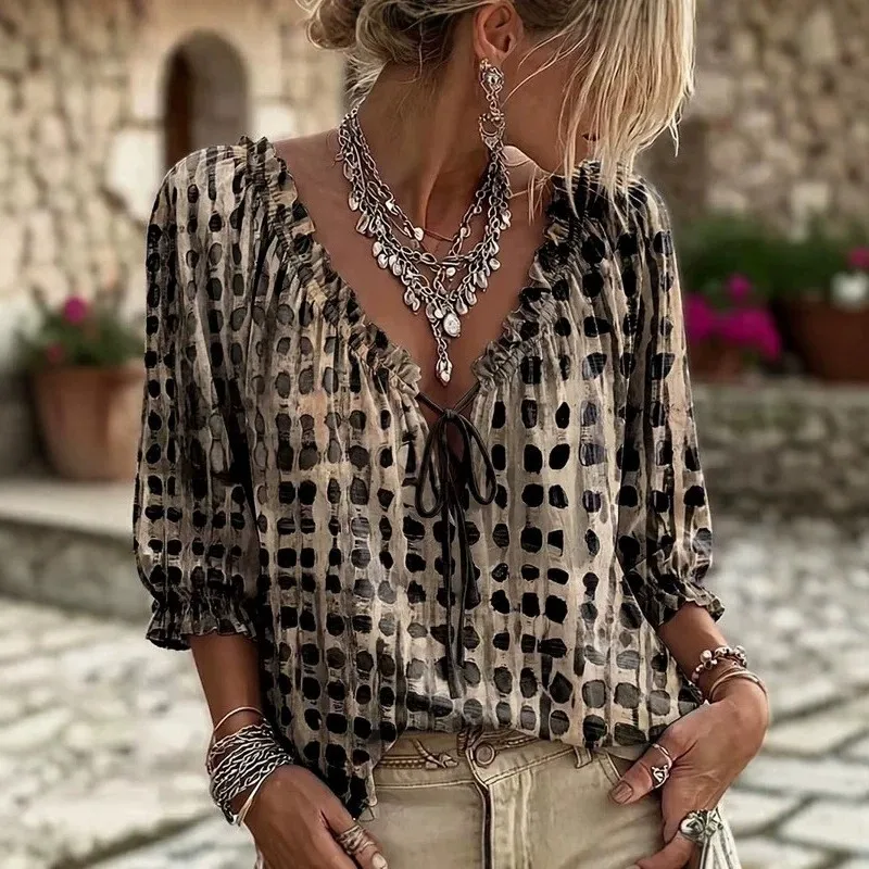 Printed Casual Top Regular Length Urban with Drawstring No Stretch Sleeve Blouse Bohemian Travel V Neck Print T Shirts for Women