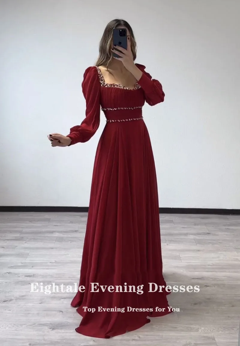 Eightale Burgundy Evening Dresses Sweetheart Beaded Long Sleeves Arabic Chiffon Prom Gown for Wedding Party robe soiree