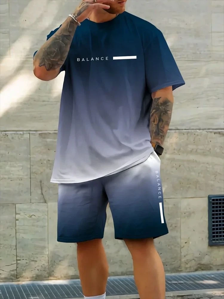

New hot selling men's soft quick drying T-shirt shorts set outdoor urban casual men's short sleeved top men's sports shorts