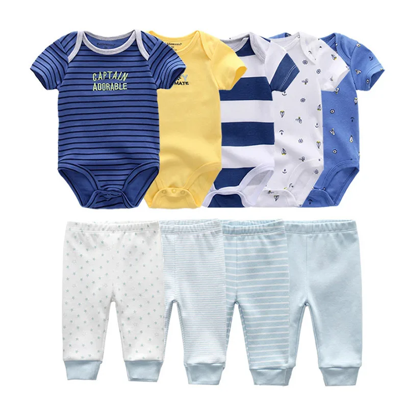 Unisex 6/9/10Pieces Cotton Bodysuits+Pants Newborn Baby Girl Clothes Print Baby Boy Clothes Sets Short Sleeve Bebes