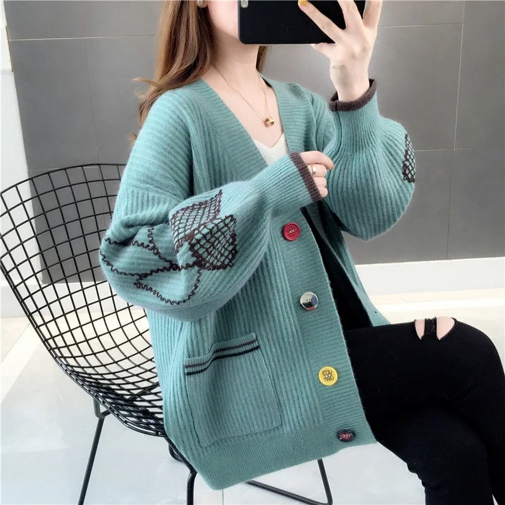 V-neck Long Sleeve Women's Yellow Knitted Cardigan, Multicolor Button Warm Autumn and Winter Sweater, Spring Women's Cardigan