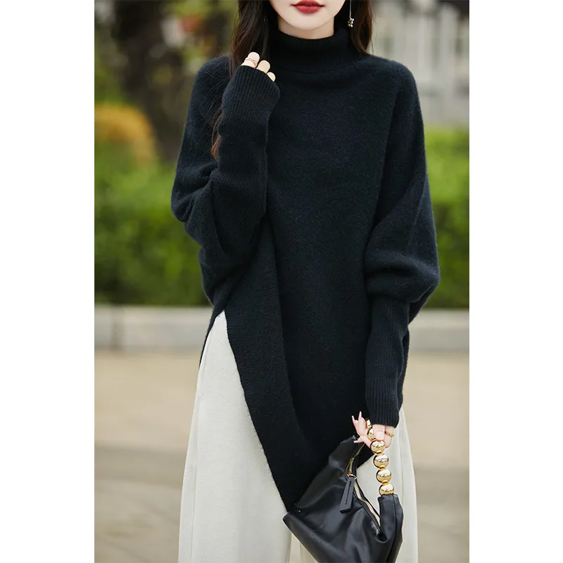 High Neck Long Sleeved Solid Color Wool Sweater For Women\'s Autumn Winter French Fashion Turtle Diameter Jumper Loose Knit Shawl