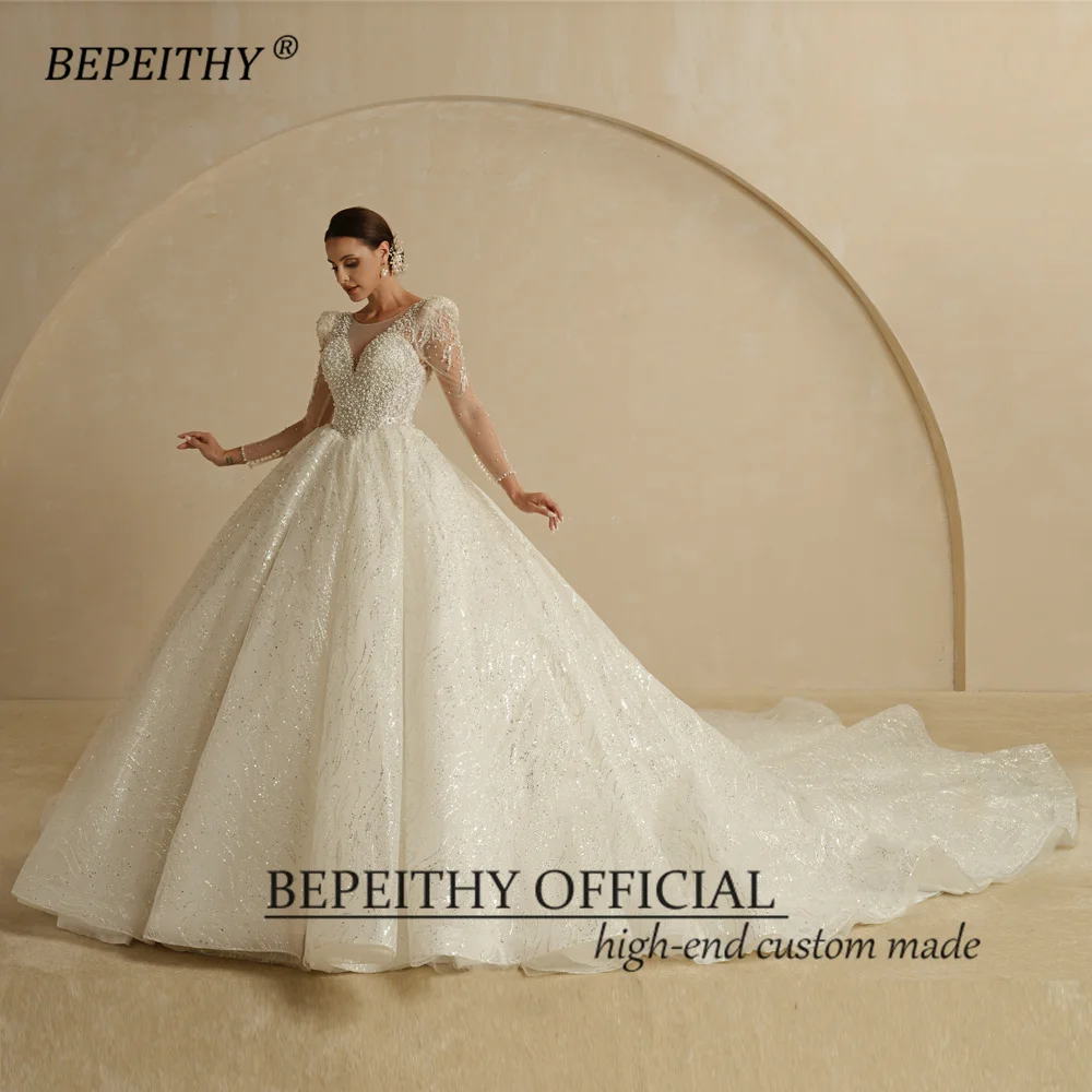 BEPEITHY Luxury Shinny Princess Wedding Dresses For Women 2022 Full Sleeves Scoop Pearls Vintage Ball Bridal Gown Chapel Train