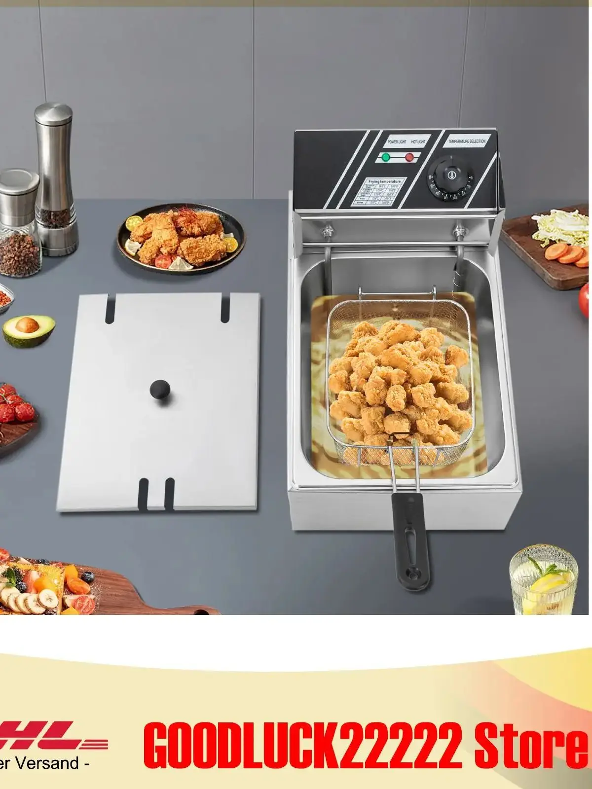 Friteuse électrique avec petit panier et couvercle, chauffage rapide, grande capacité pour frire des frites, des ailes de poulet, comptoir argenté