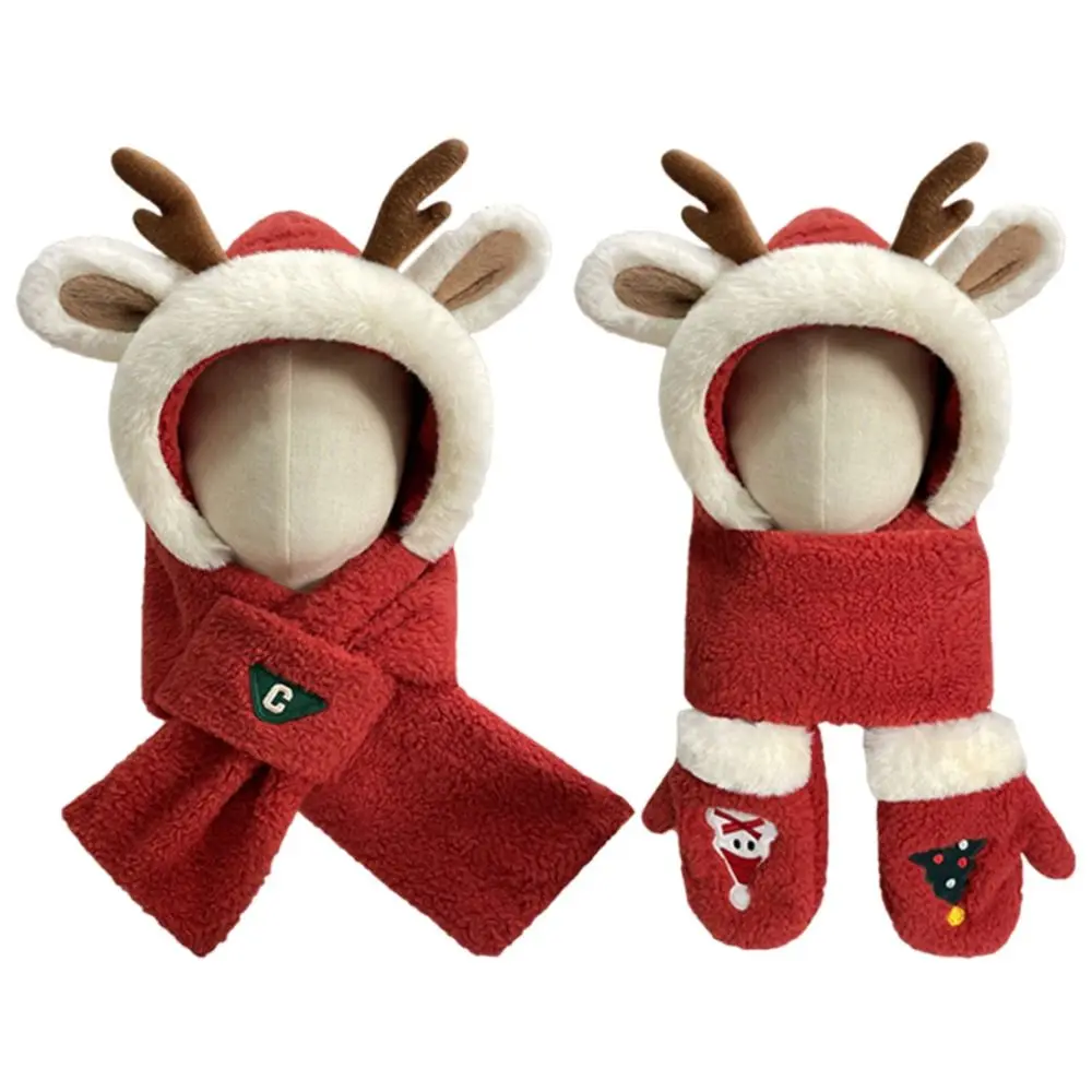 Cute Red Antler Christmas Hat Loose Plush Knitted Woolen Cap Windproof Fluffy Winter Hat