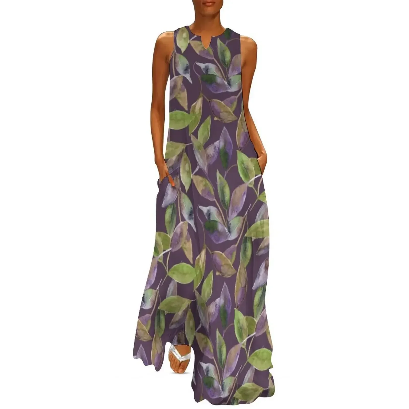 

Green and Purple Colorful Leaves Long Dress evening dress woman Elegant gown Dress woman women