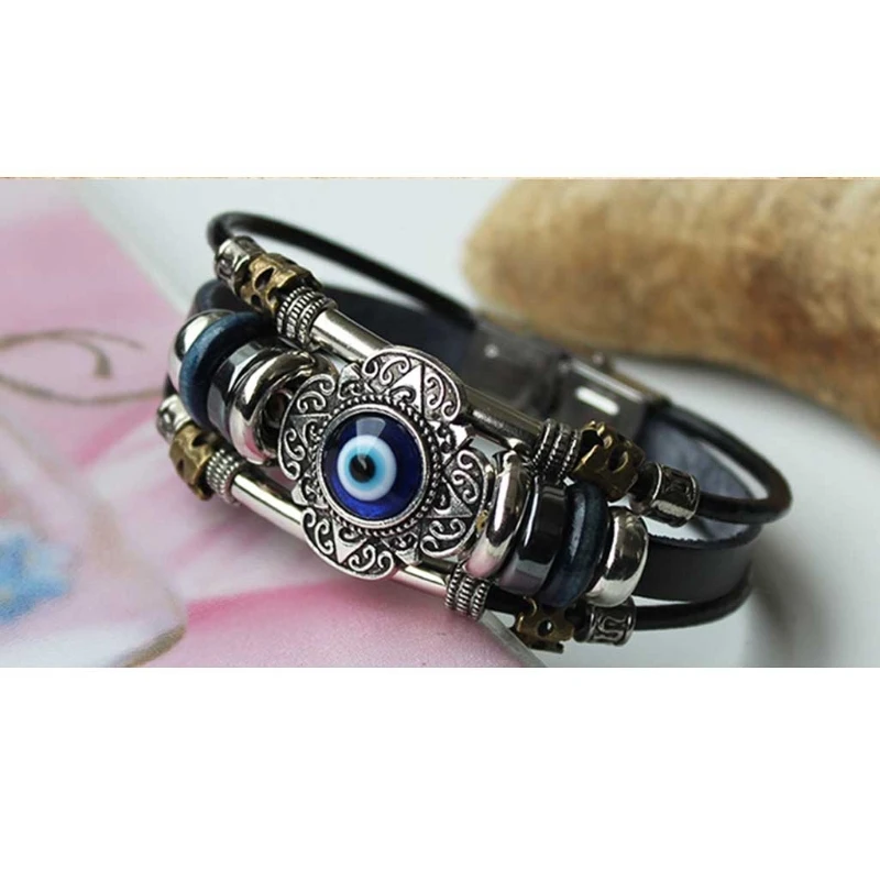 Mens Womens Three-Row Leather Blue for Evil Eye Charms Bracelet Wristband Wrap Wood Beads Bracelet Punk Style Cuff Dropship