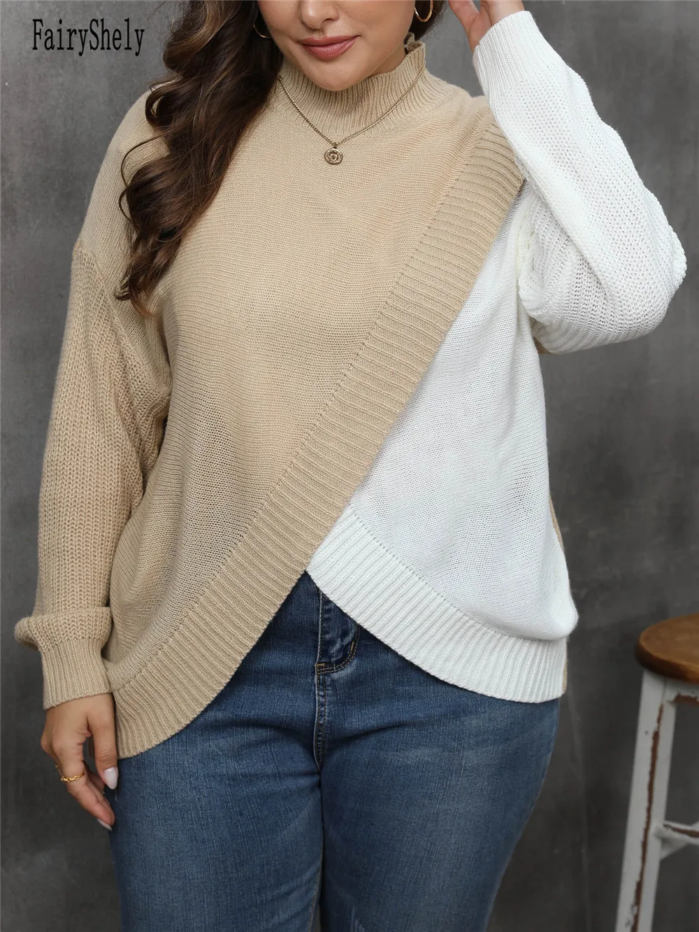 2025 zimowy patchworkowy sweter Plus Size damski Mock Neck duży sweter damski luźny sweter Oversize duże koszulki krągła dzianina