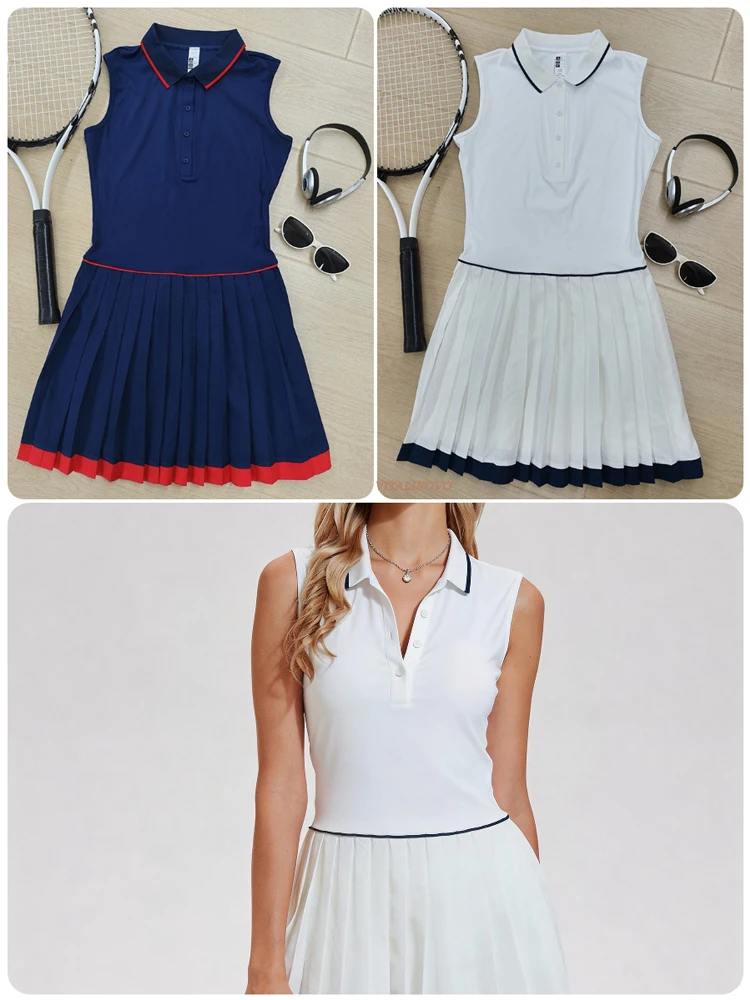VITALINOVO Damen Mini Flowy Plissee Rüschen Tennis Sportkleid Damen Sommer Polo Golf Kleid Outfits Ohne BH Ohne Eingebaute Shorts – Detail 4