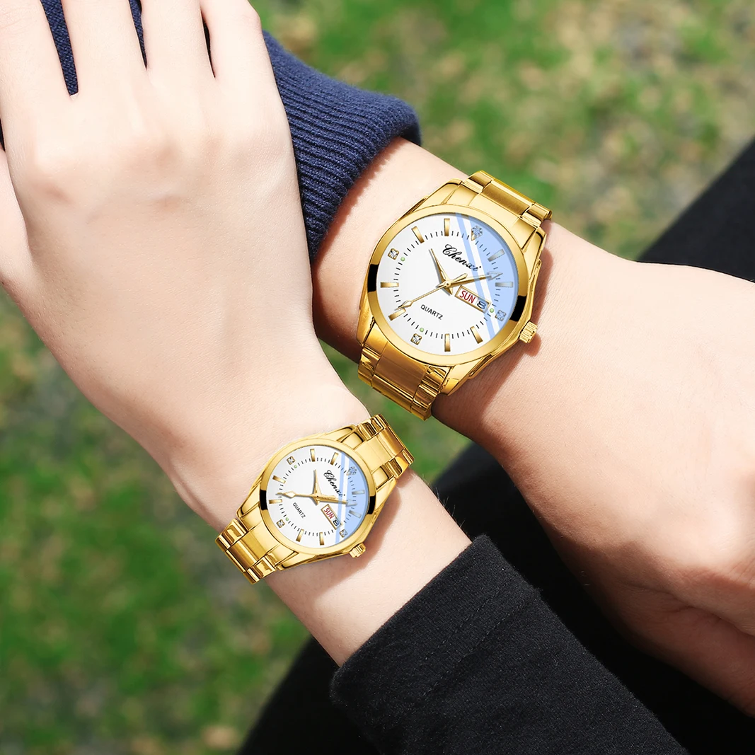 CHENXI 남녀 커플 시계 세트, 스테인레스 스틸 쿼츠, 달력 주간 손목시계, 커플 선물, 오리지널 브랜드