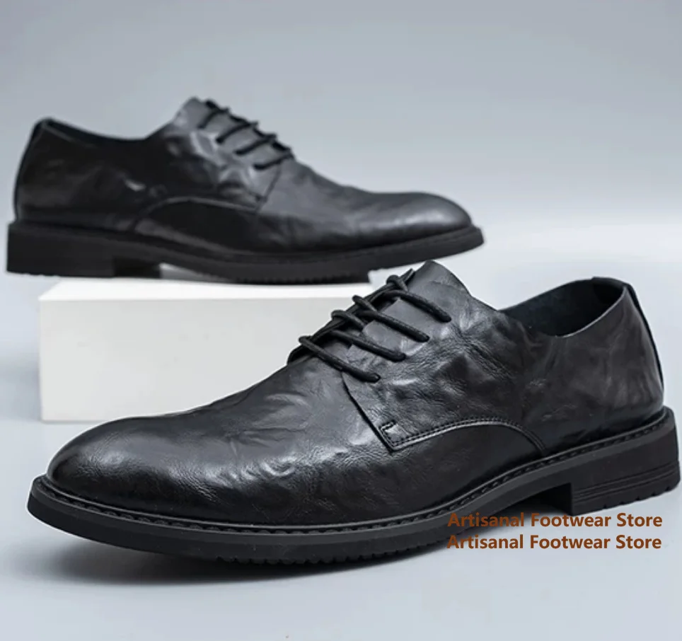 

Black Leather Men's Casual Shoes Soft Leather Lace-Up Leather Shoes Business Wedding Height Increasing Handmade Men's Shoes