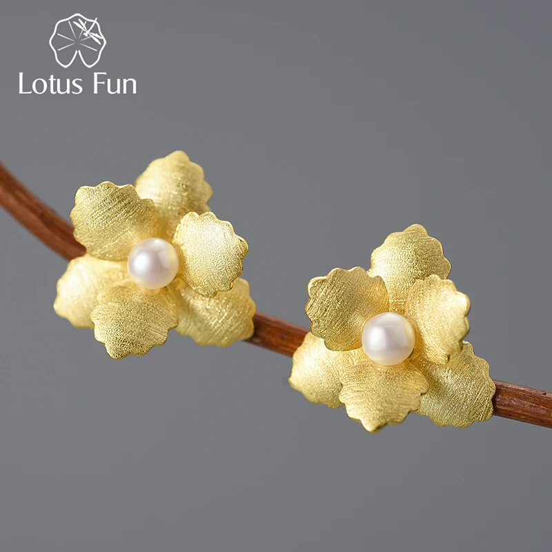 Lotus Fun Original 18K Gold Natural Pearl Delicate Begonia Flower Stud Earrings for Women 925 Sterling Silver Fashion Jewelry