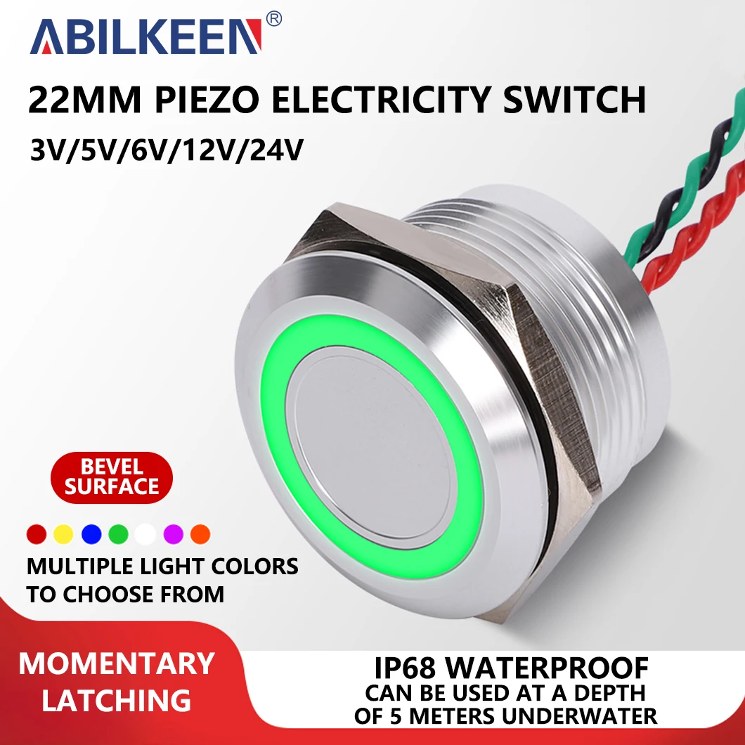 ABILKEEN 22MM 304 Stainless Steel Piezo Electric Switch 3-24V 2A 1NO Momentary/Latching Touch Press Sensitive Switch with Light