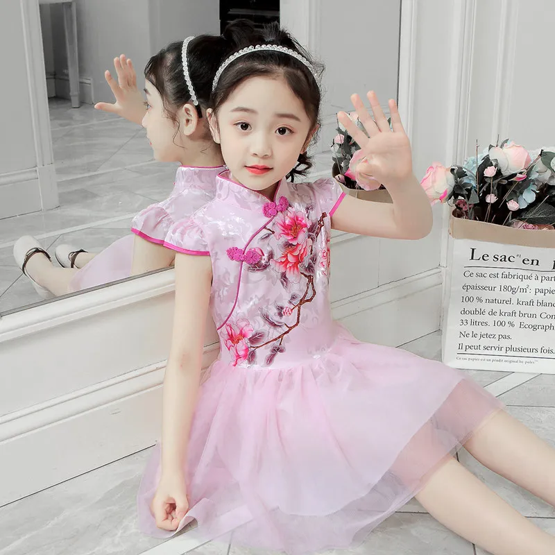 Summer Modern Cheongsam Baby Girls Dresses Chinese Style Party Qipao Performance Children's Dress Casual Kids Clothes Vestidos