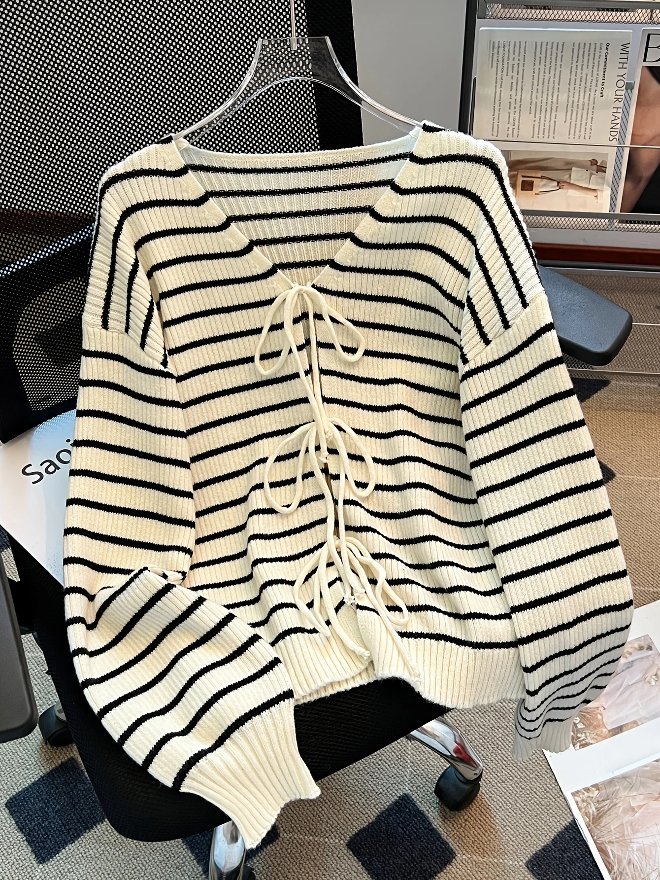 

Women's Bow Tie Striped Knitted Cardigan Spring Summer Lantern Sleeve Loose Casual Elegant Fashion Female Tops