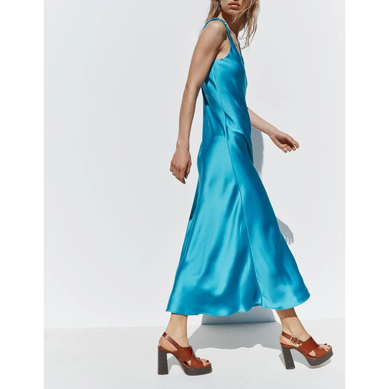 春の新作 Briti Sle Vネック シルクサテン風 スリムストラップ ミディ丈 レディース 通勤 ハイウエスト Aライン ロングスカート