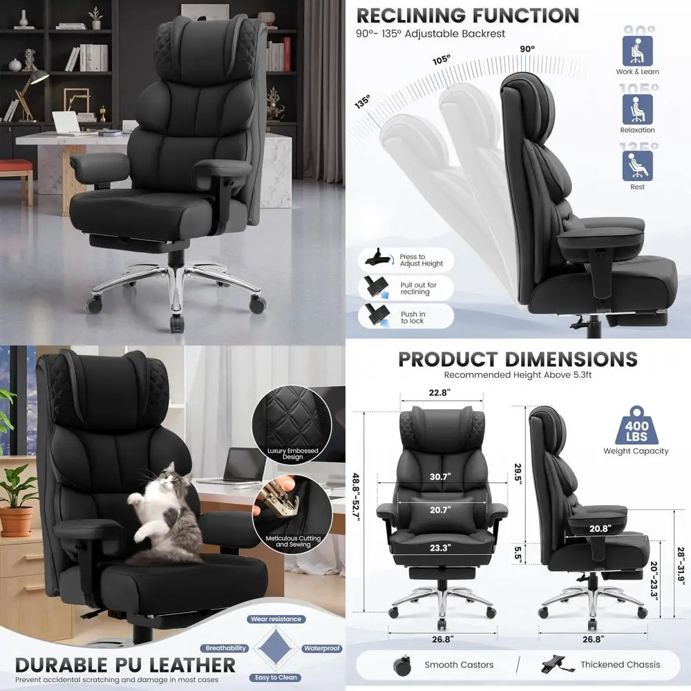 

Эргономичное кожаное игровое кресло с высокой спинкой для больших и высоких, поворотное, мягкая поясничная поддержка, наклонное кресло, черное