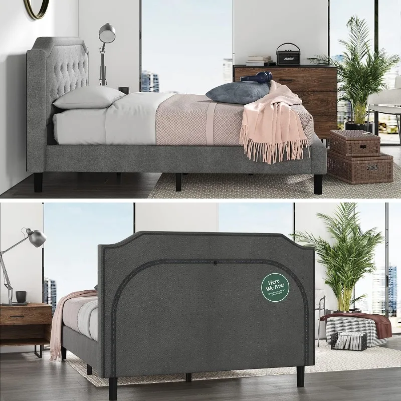 Kellen-Estofados Scalloped Plataforma Bed Frame, Fundação Colchão, Suporte Slat Madeira, Não Box Spring necessário