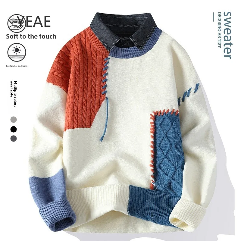 YEAE Autumn and Winter Denim Lapel Fashion Trend Color Matching Loose Round Neck Smen's Sweater High -end Designer Clothes Tops