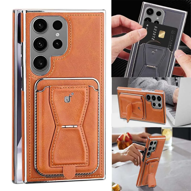 

for Samsung S24 Ultra S23 Plus Case Luxury PU Leather Back Cover with Hole Removable Magnetic Card Pocket Foldable Stand Bumper