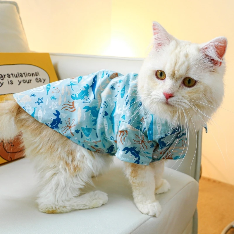 Blusa praia com tema oceano para cães médios grandes, roupa macia, pulôver azul, pijama para cachorrinhos