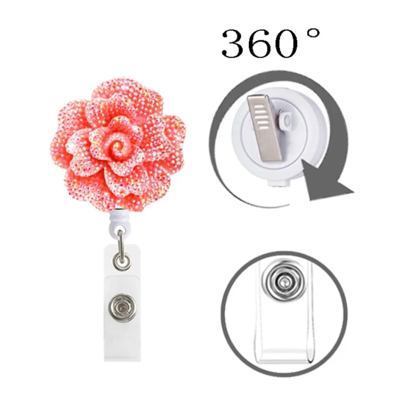 1 Piece Resin Sparkling Flower Badge Reel 360° Retractable ID Holder for Nurses Crystal Glitter Pull Cord with Floral Design