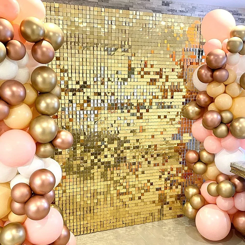 

New 12pcs Glitter Sequins Background Wall Panel Gold Square Transparent Snap Panel Wedding Birthday New Year Party Decoration