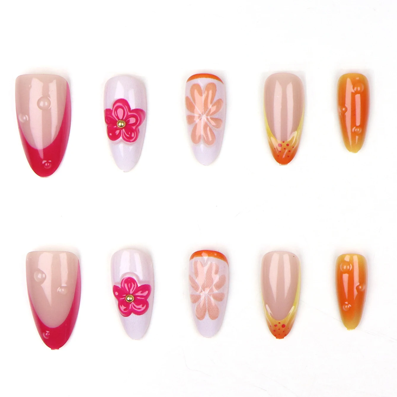 40 STKS Amandelpers op nagels Medium nepnagel met bloem Parel Fruit Gouden kraal Ontwerp Volledige dekking Nepnagelglans Kunstmatig