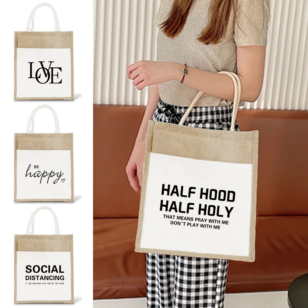 Burlap Jute Tote Bag Vintage Reusable Grocery Shopping Bags Printing Text Series Beach Handbags Multifunctional Flax Tote