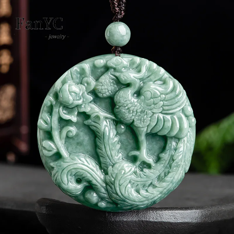 

Myanmar A-goods Jadeite Phoenix Peony Pendant Hand-carved Exquisite Charm Ice Jade Necklace Men and Women Holiday Gift