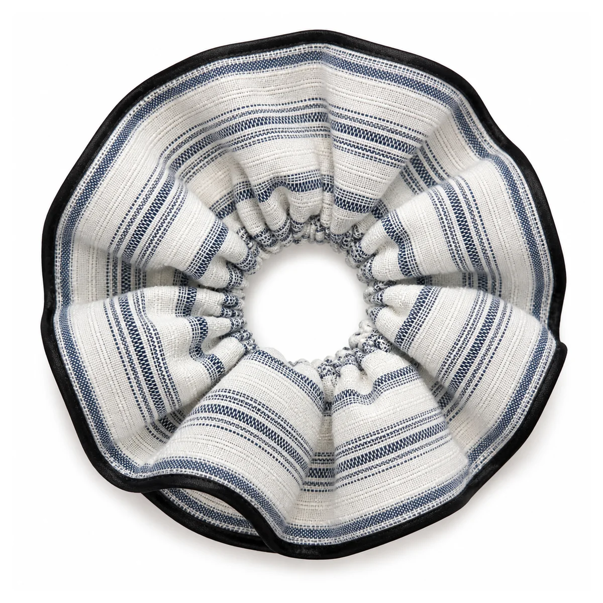 warm-ivory-navy-woven-stripe-black-edge-wide-single-layer-hair-scrunchie