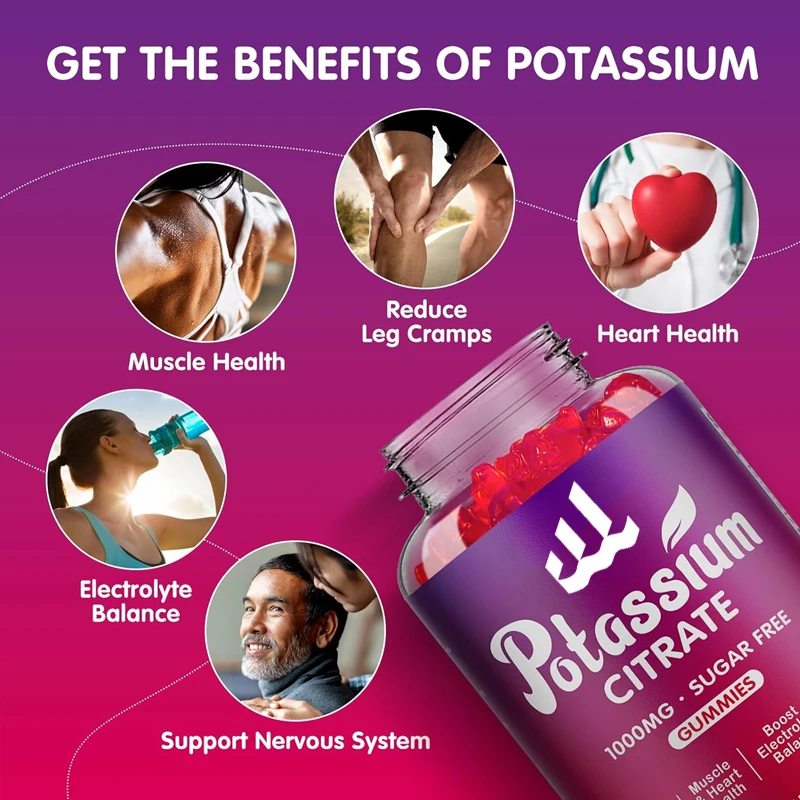 Potassium citrate 1000mg gummies, potassium supplement for adults and men, supporting leg spasms and muscle health, 60 pills