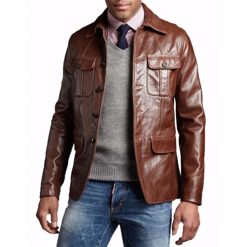 Western Men's Genuine Lambskin Leather Blazer Soft Coat FOUR BUTTON Brown Jacket