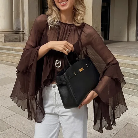 New Women's Wholesale Design Sense Crew Neck Lotus Leaf Sleeve Gentle Wind Loose Chiffon Shirt