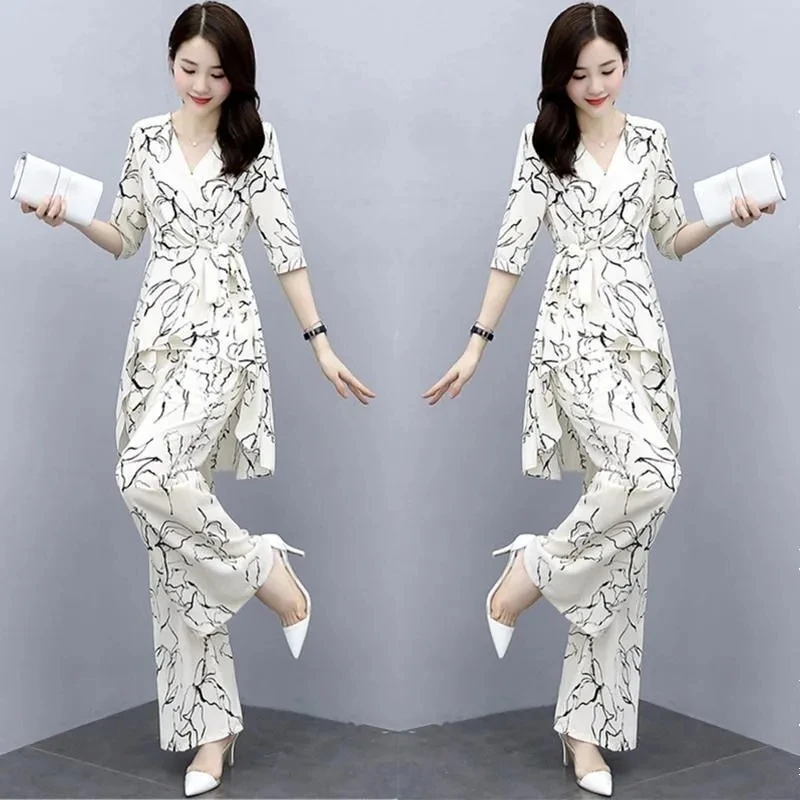 

Oversize Women Summer Clothing Set Fashion High Waist Wide Leg Pants & Irregular Hem Tops Two Pieces Suits Good Quality