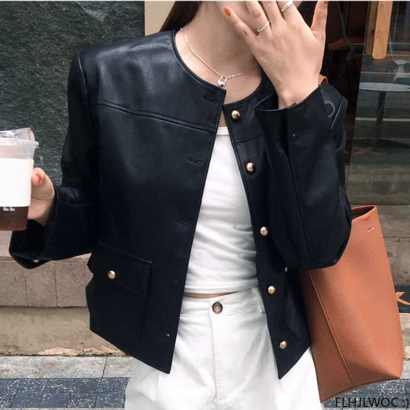 2023 Autumn Short Coats Outerwear High Street Cute Fashion Pockets Zipper Solid Black Leather PU Chic Korean Short Jackets