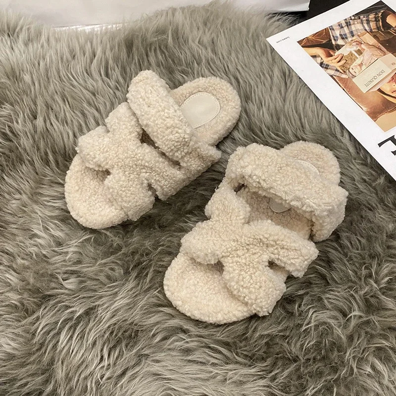 Cow Suede Fur Casual Sandals Women Home Slipper Shoes Flat With Open Toe Solid Spring Autumn Party Big Size Shoes Warm Slip On