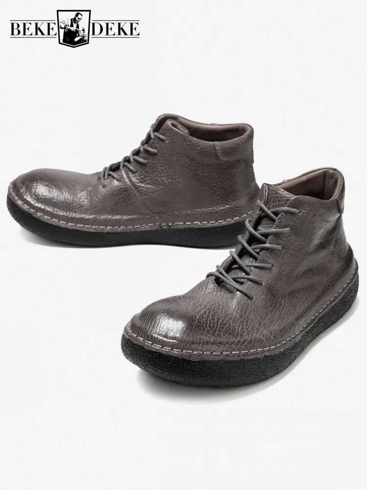Leisure Male Genuine Leather Cross Tied Platform Ankle Boots Solid Color Handmade Horsehide Round Toe Men High Top Footwear