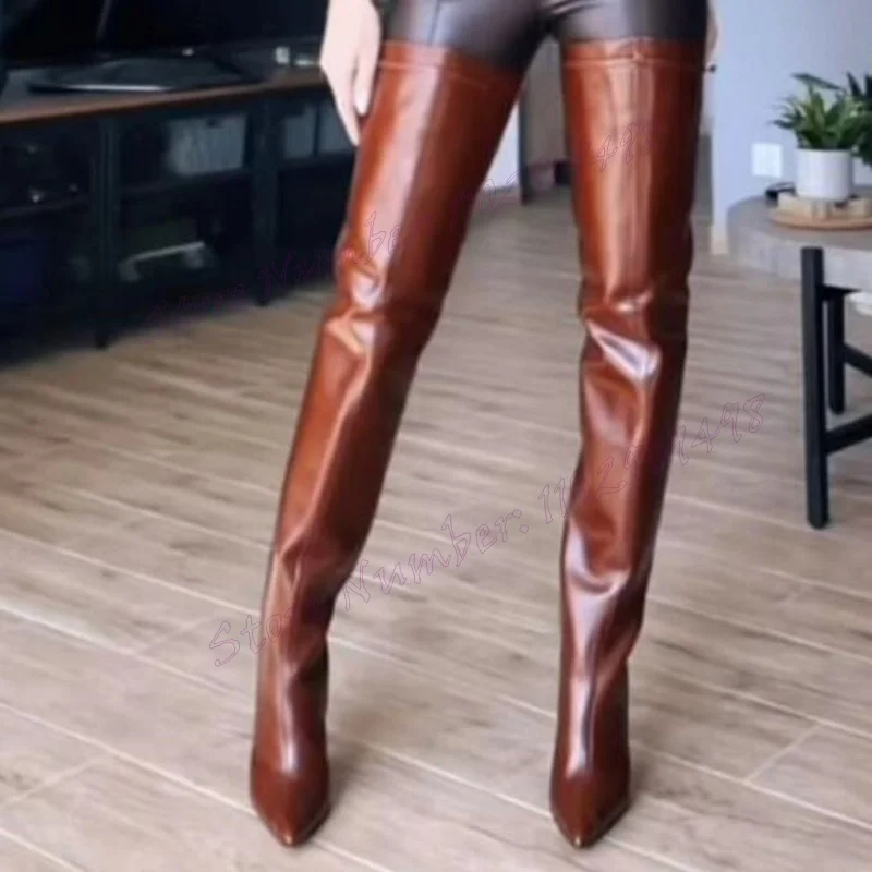 Bottes marron à lanières au dessus du genou en cuir mat, chaussures à bout pointu pour femmes, talons hauts fins, chaussures de fête, 2025 Zapatos Para Mujere