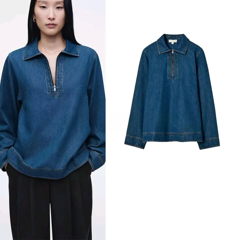 Printemps nouveau femmes col montant fermeture éclair f Plaet Denim irt trajet Sle ample longue Sve chaud couleur Pure