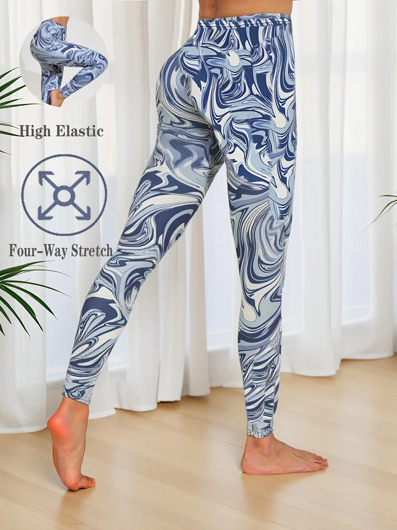 Women Mid‑Rise Fleece Lined Leggings Blue White Marble Swirl Print Warm 4‑Way Stretch Casual Winter Pants