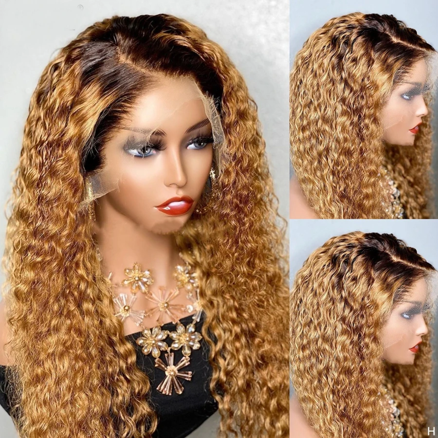 Perruque Lace Front Wig crépus bouclés pour femmes noires, cheveux de bébé, pre-plucked, doux, long, ombré, blond miel, délié naturel, densité 180, 26 po