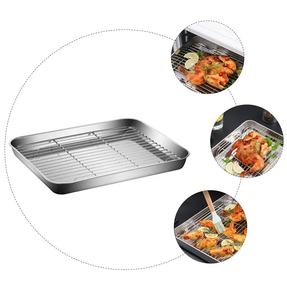 

1Set Baking Pan with Net Rack Stainless Steel Rust Resistant Oven Safe for Cake Roasting Chicken Beef Vegetables Dishwasher Safe