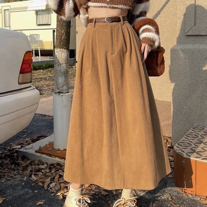 

Corduroy Midi Skirt for Women in Autumn and Winter 2025, New High Waisted and Slim Mid Length Design Large Swing A-line Skirt