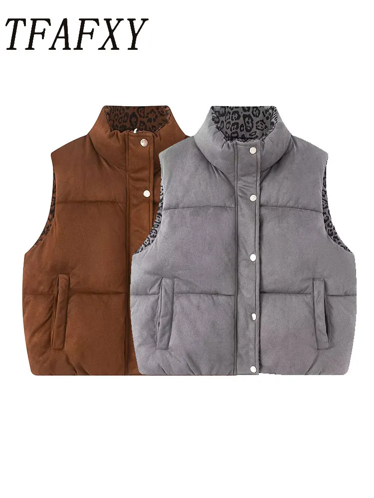 

TFAFXY женский жилет осень-зима без рукавов с воротником-стойкой и карманами двусторонняя свободная стеганая куртка пальто с хлопковой подкладкой Y