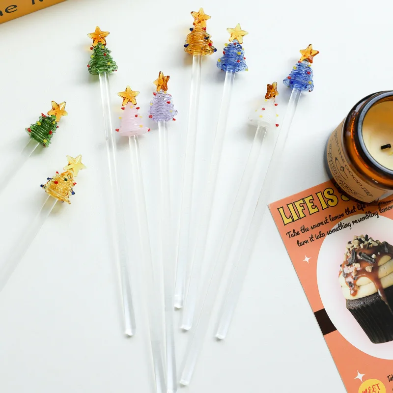 Christmas Tree Glass Stir Bar Festive Christmas Glass Swizzle Stick Holiday Drink Stirrer Transparent Glass Mixing Stick