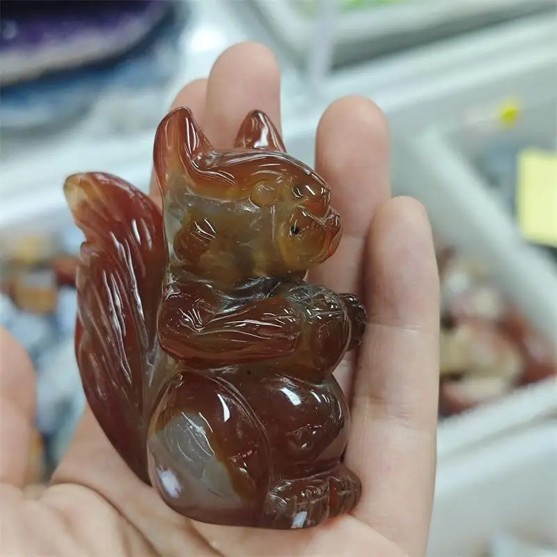 Natural Agate Squirrel carving Carving Healing Stone Energy Gemstone Cute Home Office Decoration Gift 1PCS