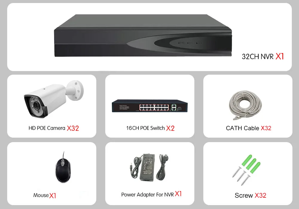 Câmera IP ao ar livre em tempo real, sistema de áudio, monitoramento de vídeo, produtos, estoque pronto, atacado, 32CH POE, Kit NVR, 5MP