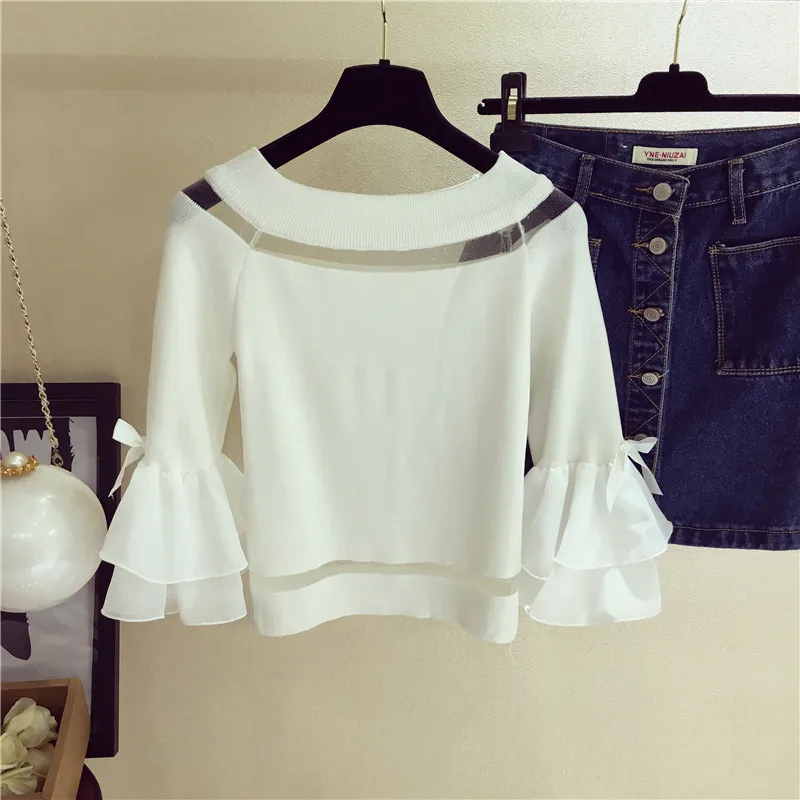 Neploe New Sweet Striped Bow Women Blouse Three Quarter Flare Sleeve Female Blusas Fashion Knitted Slim O-Neck  Blusa 67641