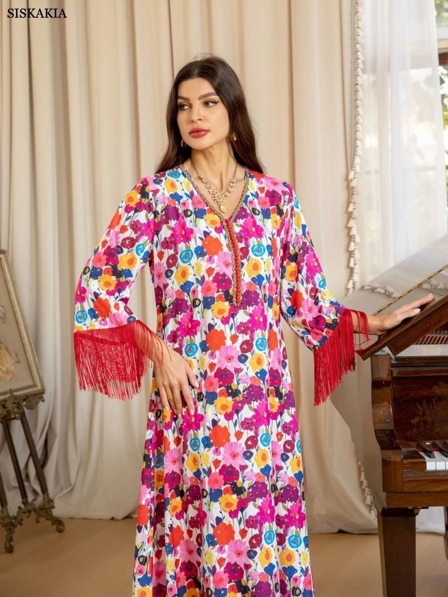 Sisakia dubaï imprimé fleuri élégant Abaya nouvelle robe à franges musulmane élégante caftan pour femmes